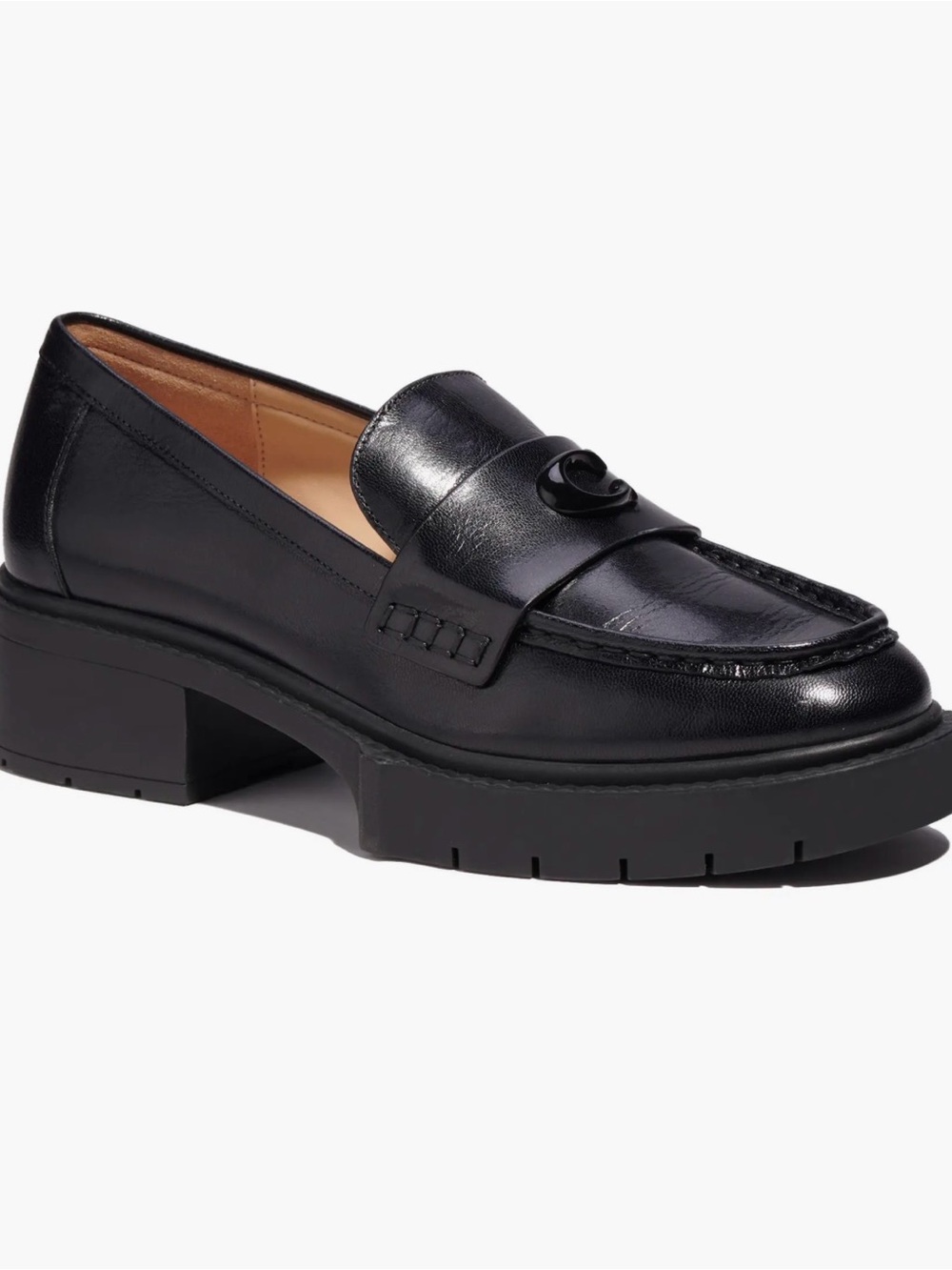 Coach Black Leather Lug-Sole Penny Loafers